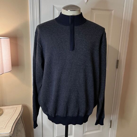 $278 NWOT‎ Men's Peter Millar Jacquard Wool Quarter Zip Sweater Navy Dot Size XL - Picture 2 of 7